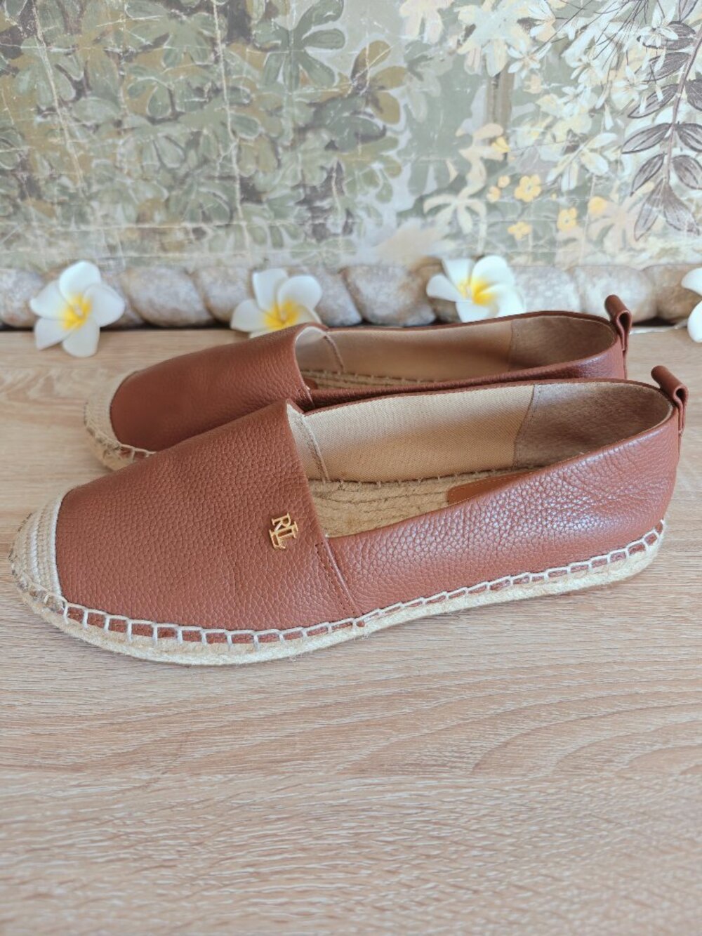 Lauren Ralph Lauren Cameryn Tumbled Leather Espadrilles Cognac Size 7 - Picture 4 of 9